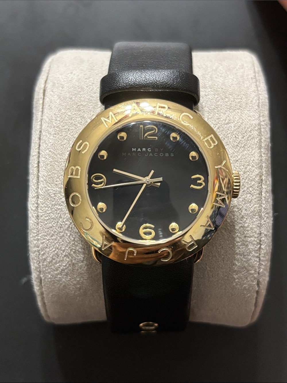 Marc by Marc Jacobs Black Dial Gold Bezel Leather Strap Watch 💥Read Description💥